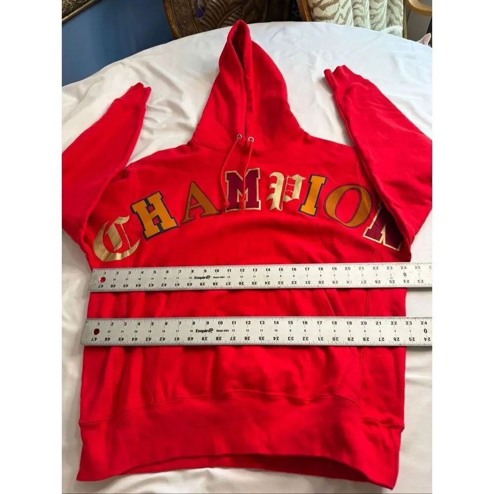 Vintage Champion Spellout Hoodie Red Old English Print Y2K Reverse Weave Large - Picture 6 of 10
